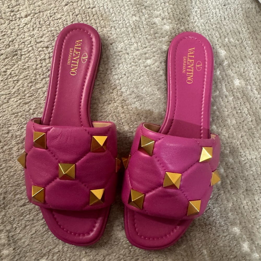 Valentino Fuchsia Slides with Gold Accents